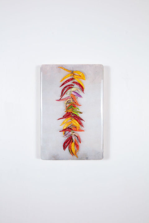 String of coloured chili peppers on grey (20cm x 29cm)