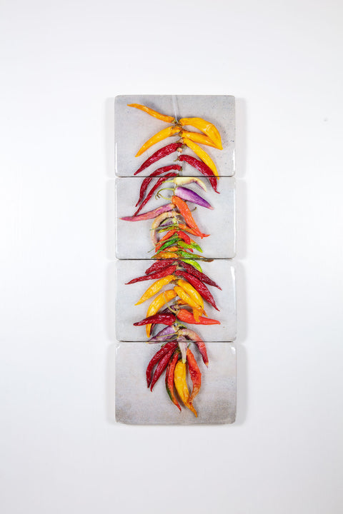 String of coloured chili peppers on grey (29cm x 80cm)