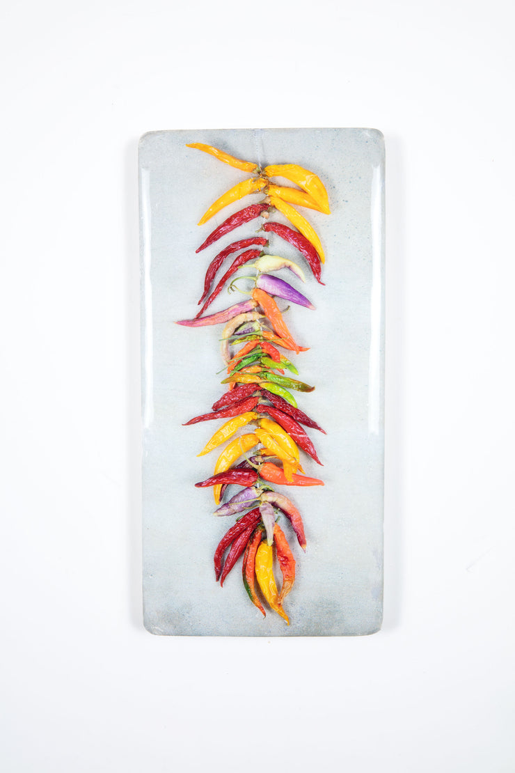 String of coloured chili peppers on grey (20cm x 40cm)